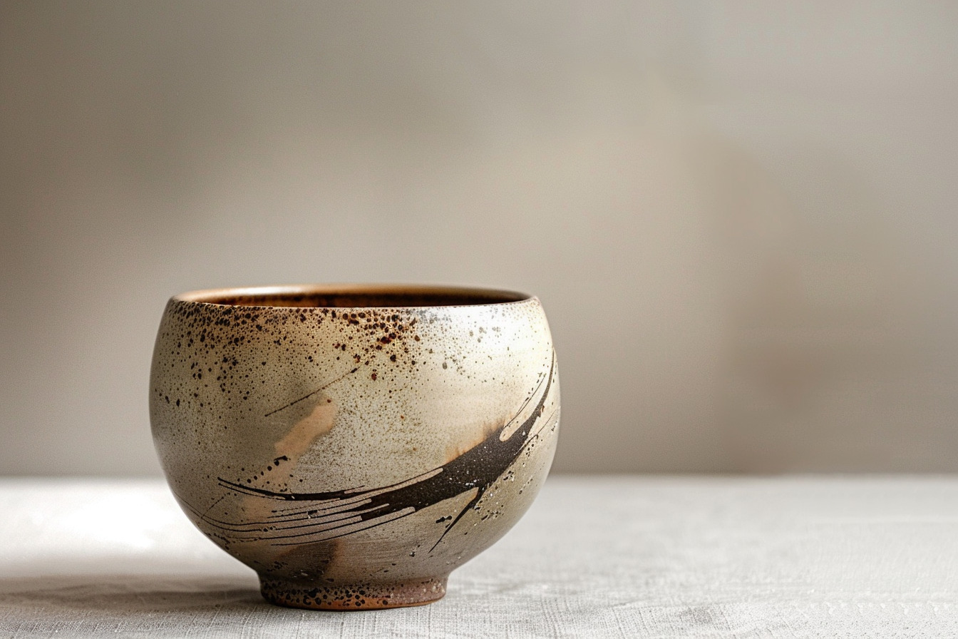 Naczynie Karatsu, kamionka z dekoracją malowaną żelazem pod naturalnym szkliwem popielatym. Klasyczny przykład tradycji ceramicznej Kiusiu, podziwiany za swój skromny urok i funkcjonalne piękno.